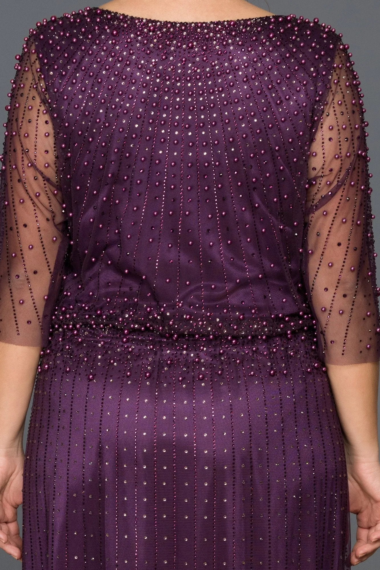 16795 Dark Purple Beaded Tulle Dress