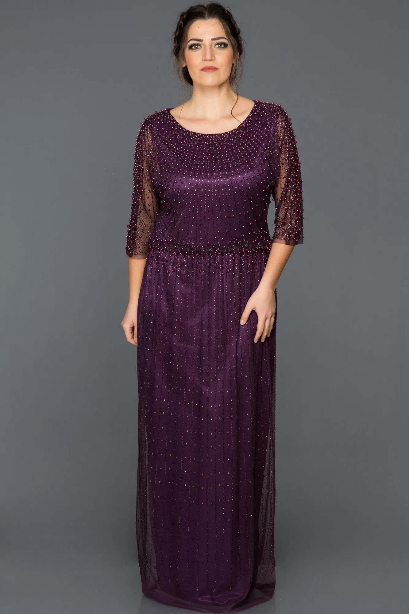 16795 Dark Purple Beaded Tulle Dress