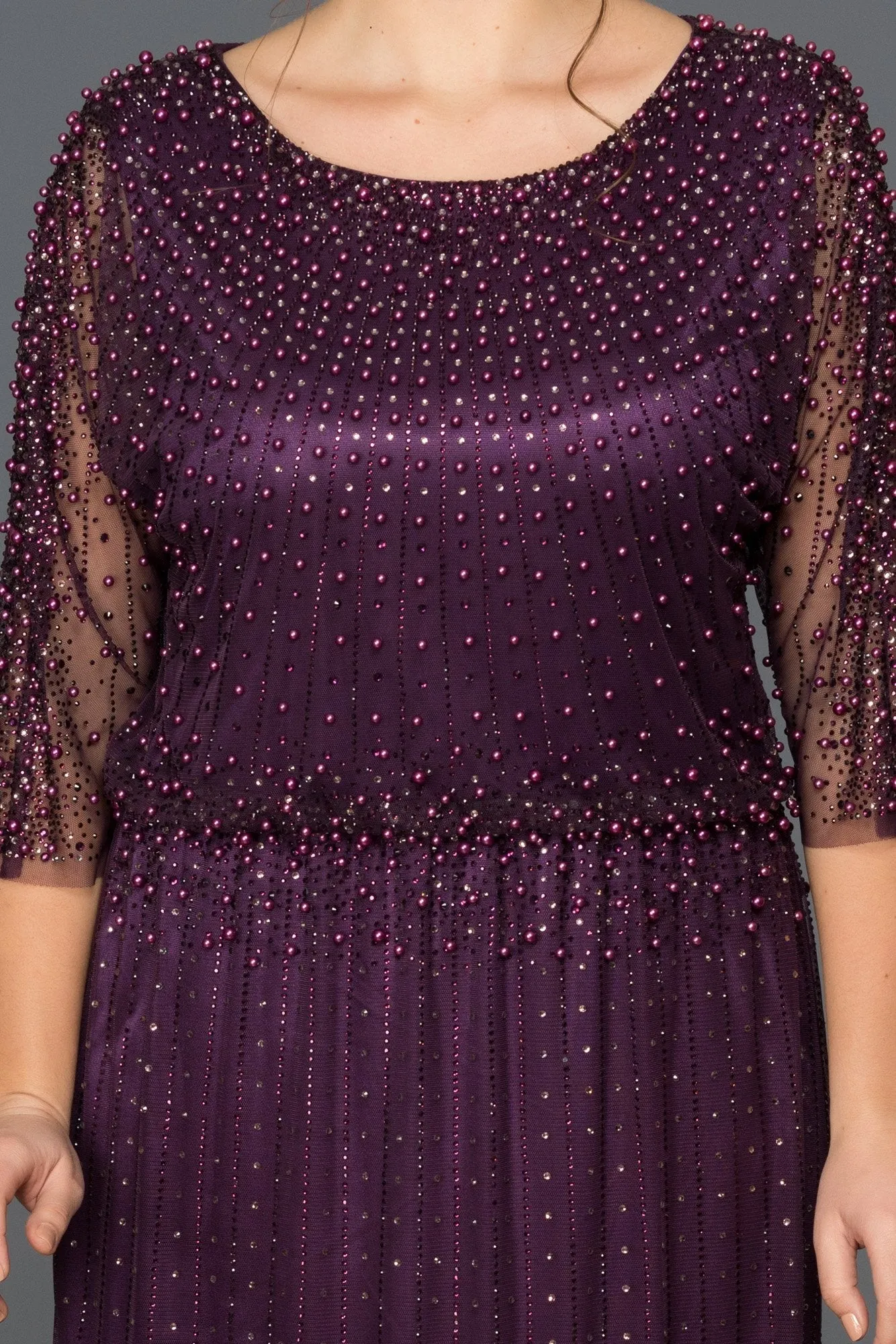 16795 Dark Purple Beaded Tulle Dress