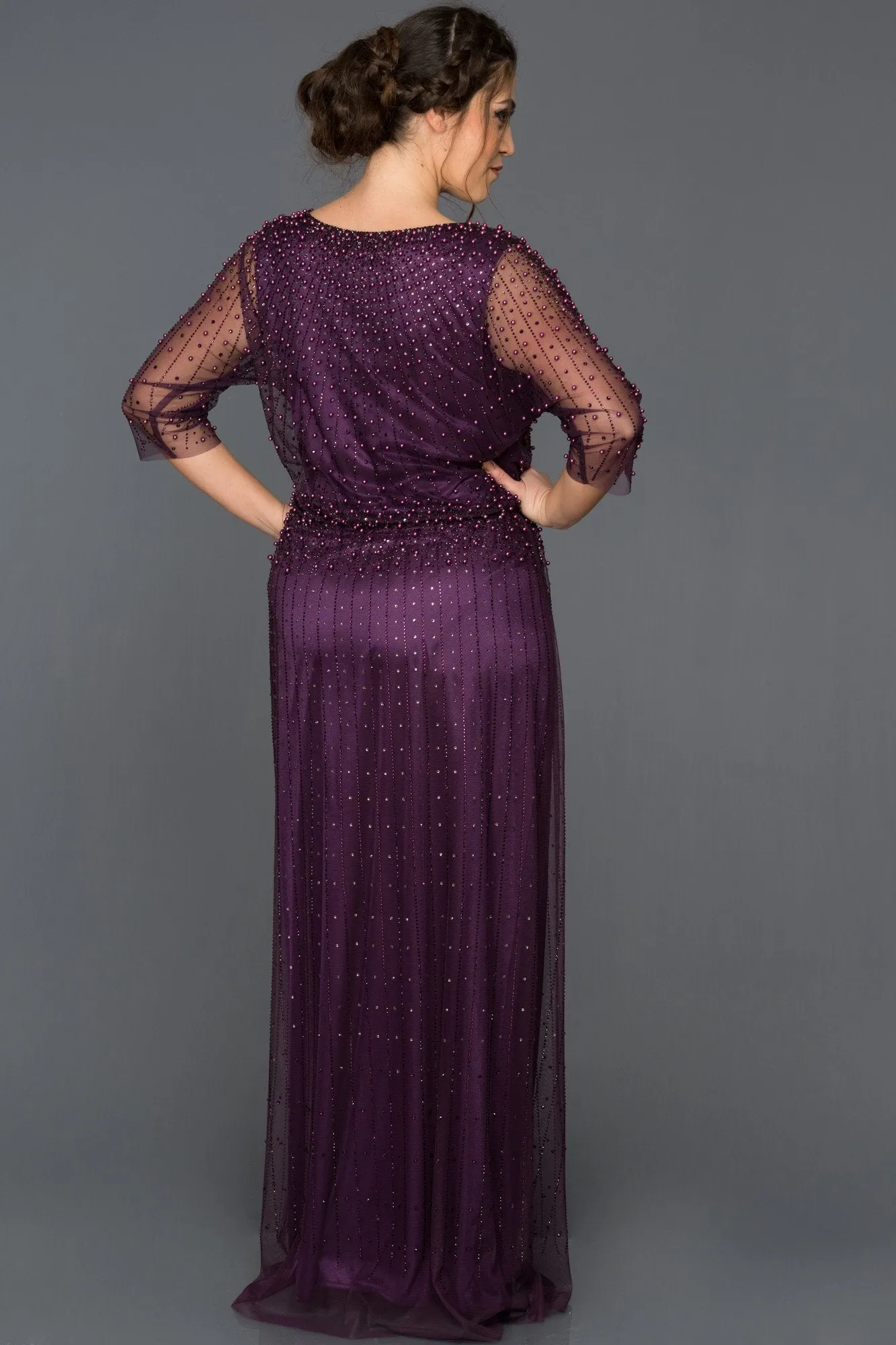 16795 Dark Purple Beaded Tulle Dress