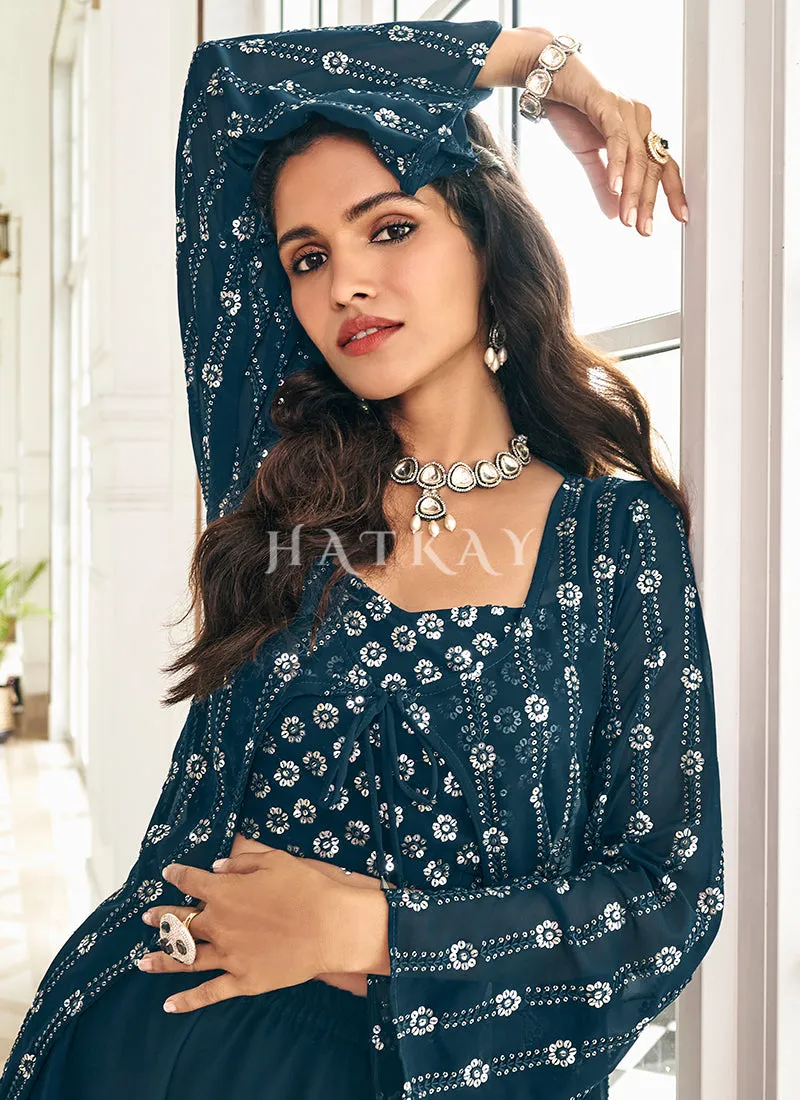 Blue Sequence Embroidered Jacket Style Sharara Suit