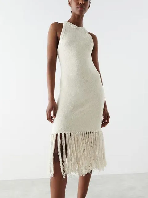 Boho Tassel Knit Dress Summer Sleeveless Women Fringed Midi Dress Chic