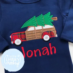 Boy Shirt - Applique Car with Christmas Tree on Top   Personalization