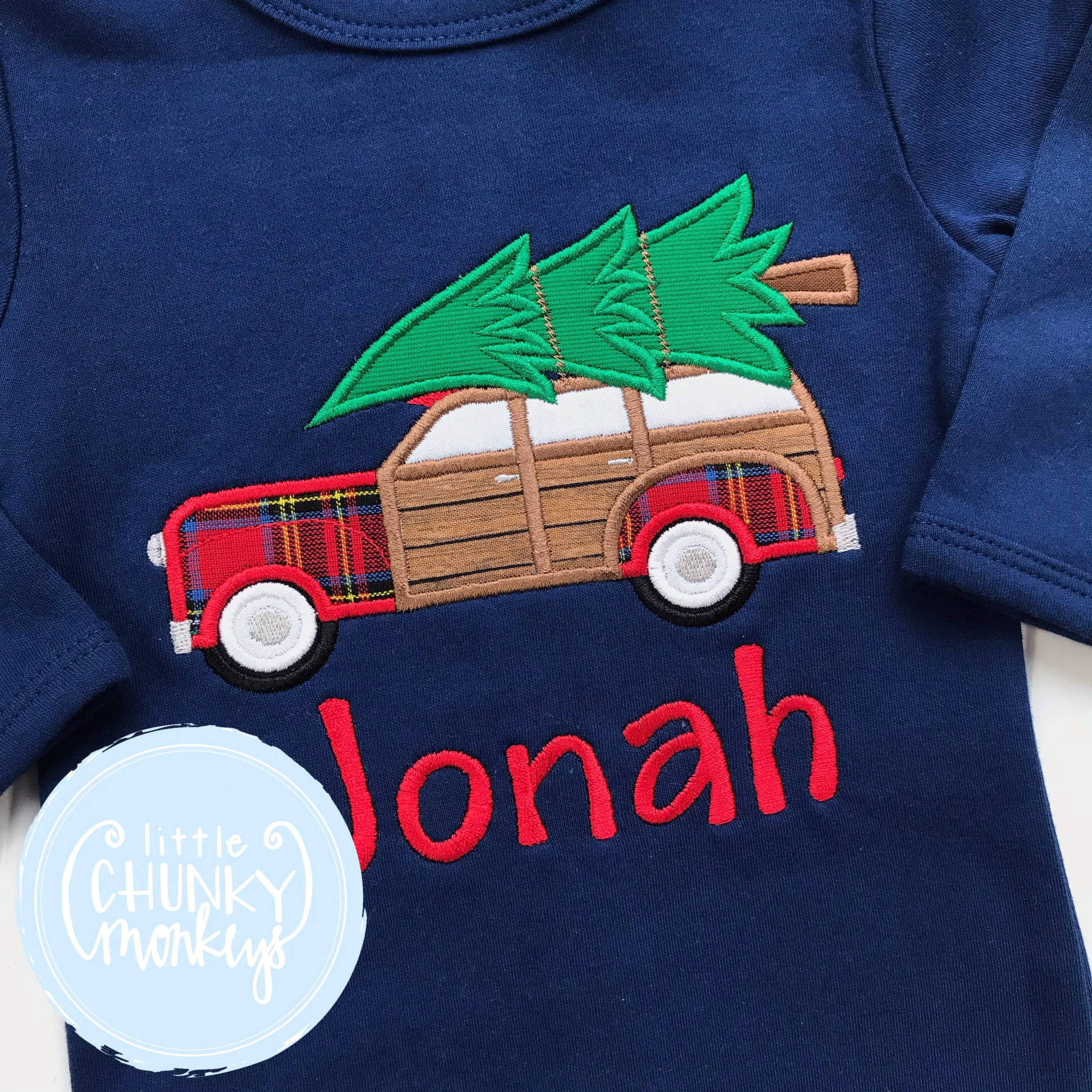 Boy Shirt - Applique Car with Christmas Tree on Top   Personalization