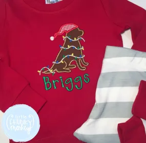 Boy Shirt - Applique Dog Wearing Santa Hat and Wrapped in Christmas Lights   Personalization