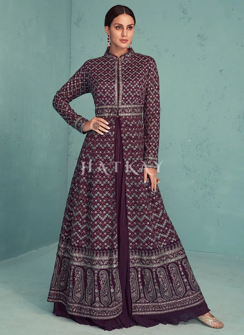 Deep Wine Zari Embroidered Lehenga Choli With Jacket