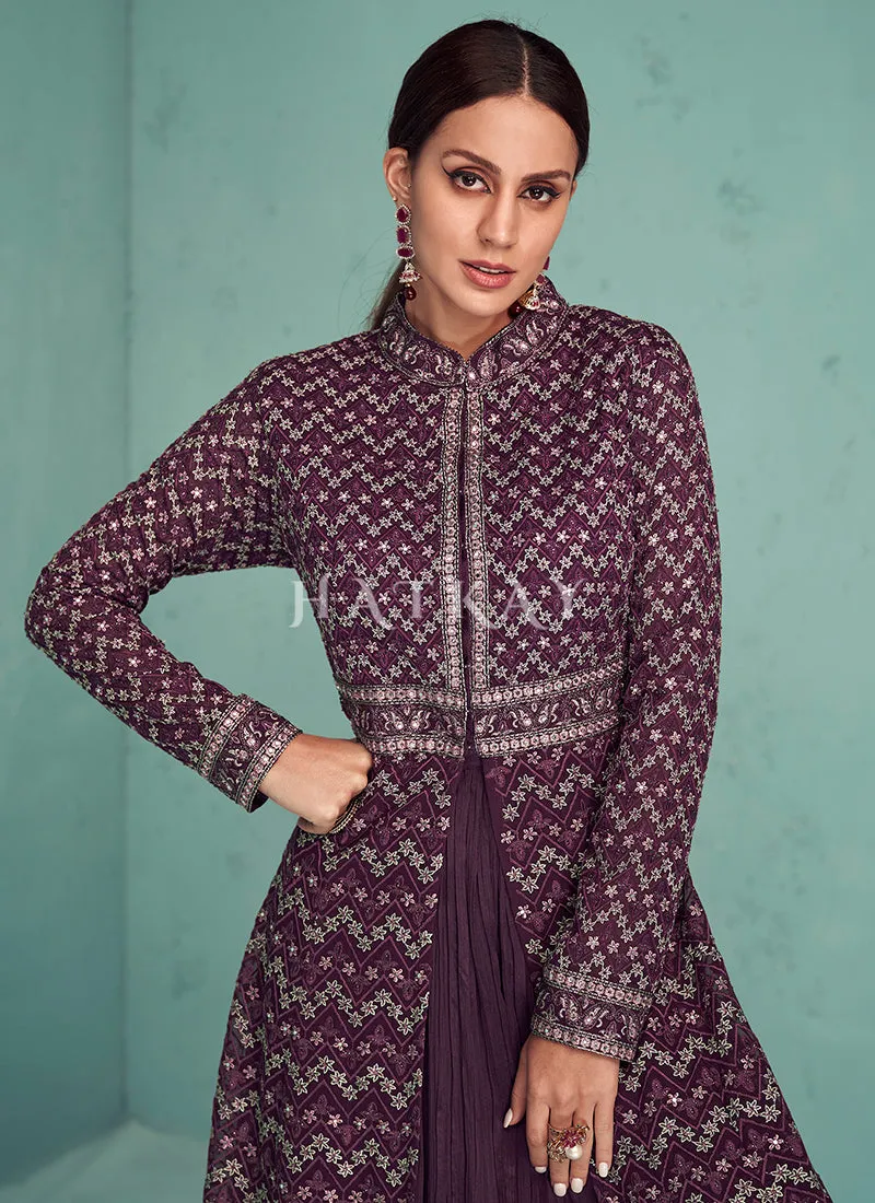 Deep Wine Zari Embroidered Lehenga Choli With Jacket