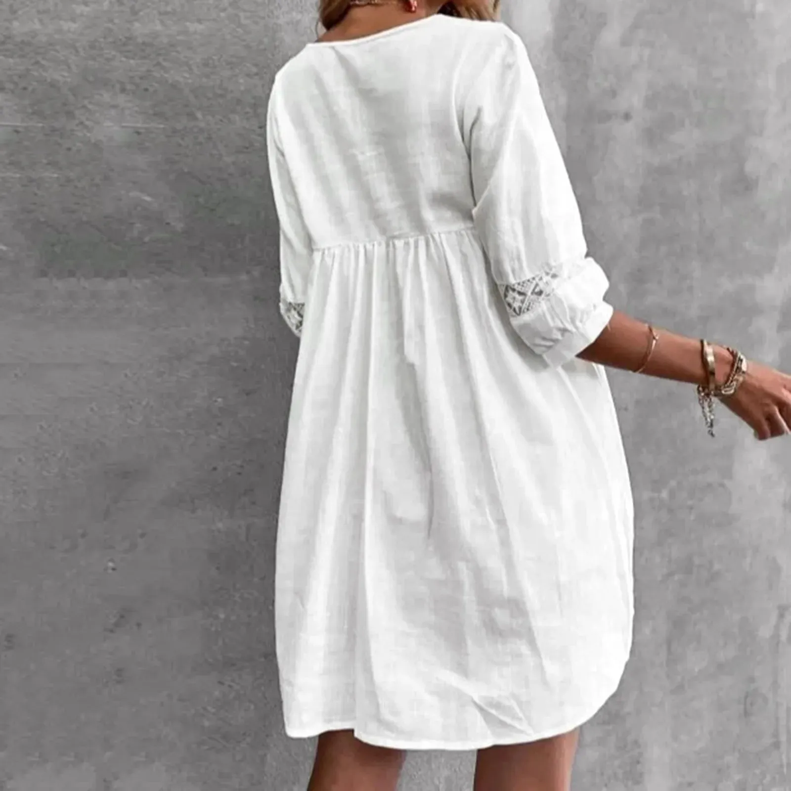Fashion Casual White Lace Summer V Spring Sleeve Neck Beach Half Loose Dress