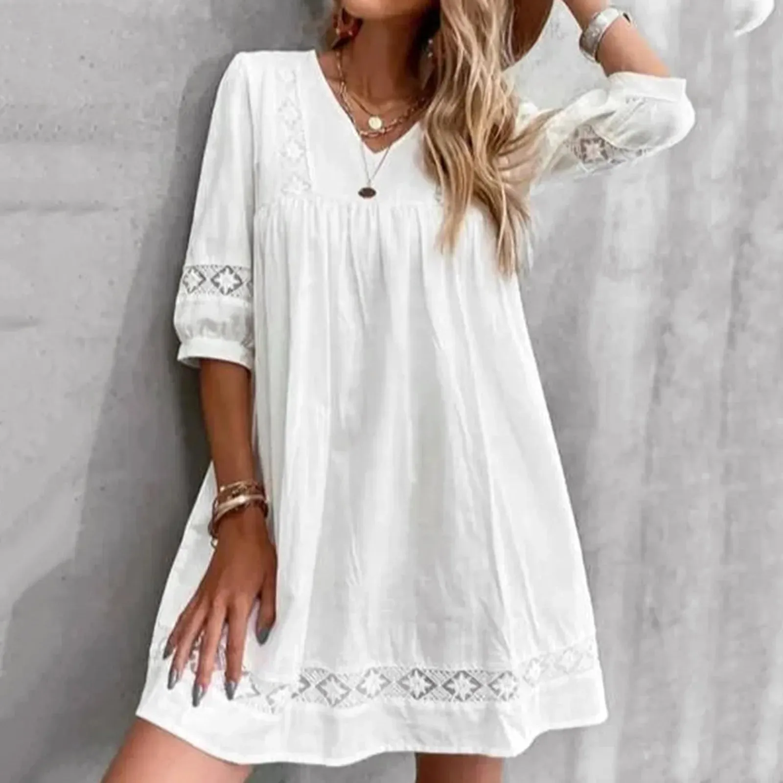 Fashion Casual White Lace Summer V Spring Sleeve Neck Beach Half Loose Dress