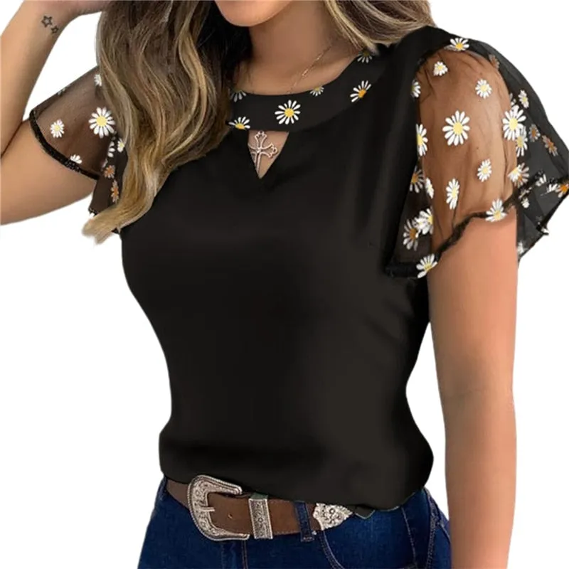 Fashionkova 4 Styles Sexy Women Ladies Ruffle Sleeve Tops Pullover Dot Polk Embroidery Floral Print Blouse OL Casual Chiffon Jumper Tee
