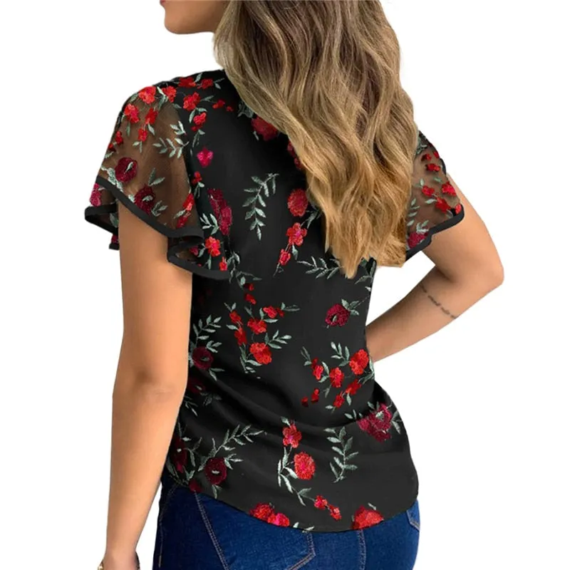 Fashionkova 4 Styles Sexy Women Ladies Ruffle Sleeve Tops Pullover Dot Polk Embroidery Floral Print Blouse OL Casual Chiffon Jumper Tee