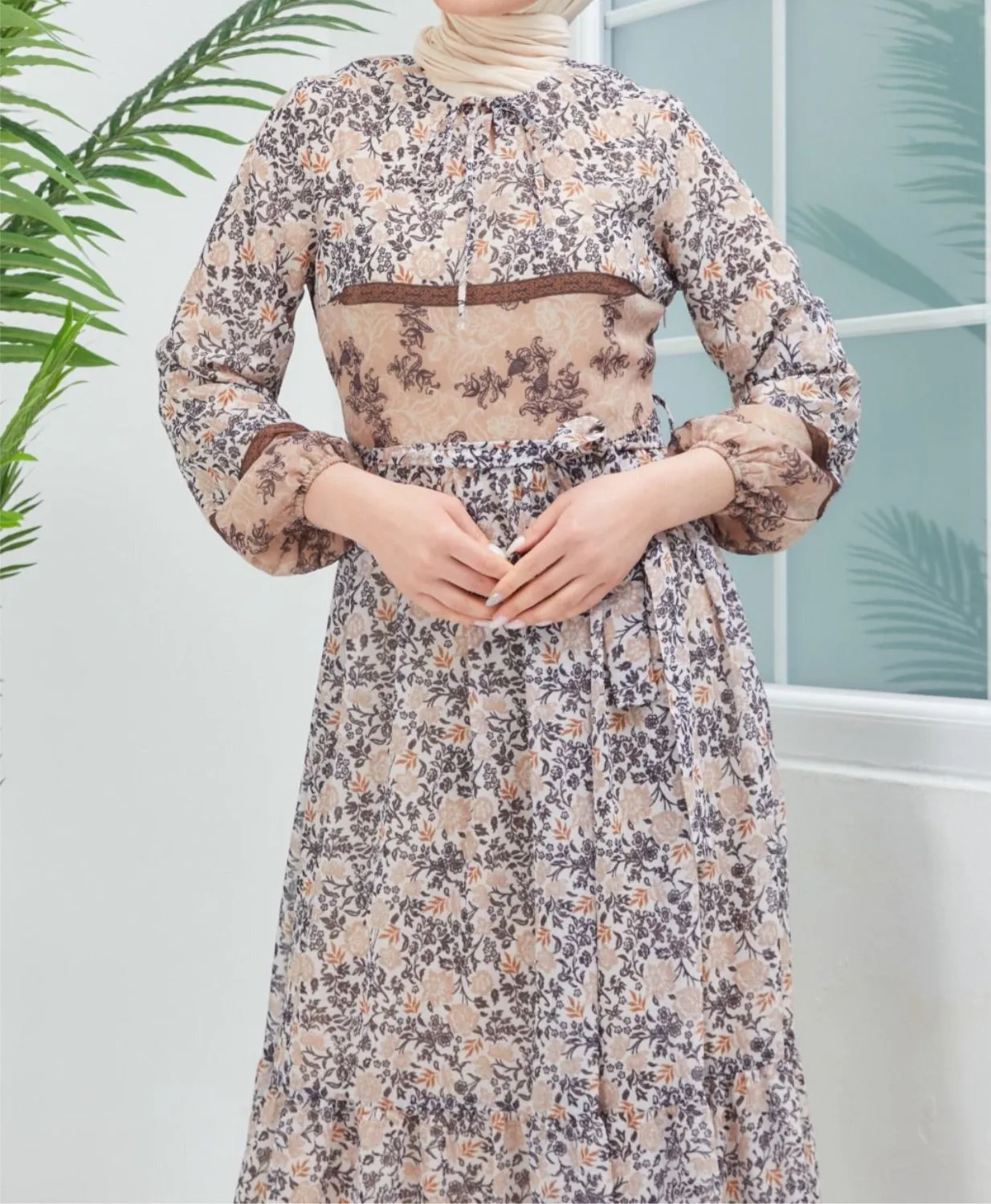 Floral Chiffon Dress - Beige