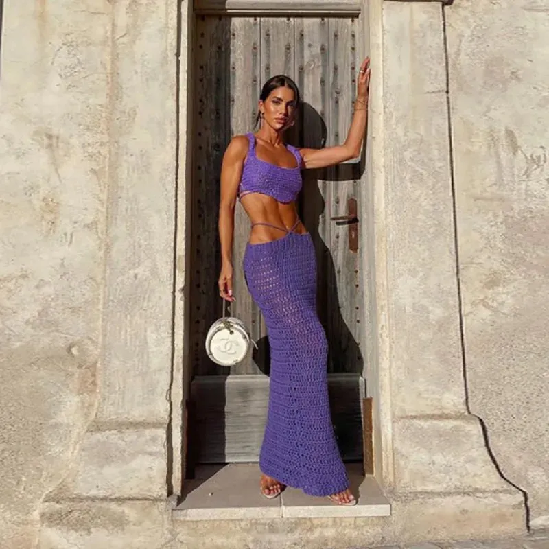 Girlary Knit Beach Dress Set for Women Sexy See Through Slim Crop Top and Long Skirt Suit Summer Purple Holiday Two Piece Set 2024