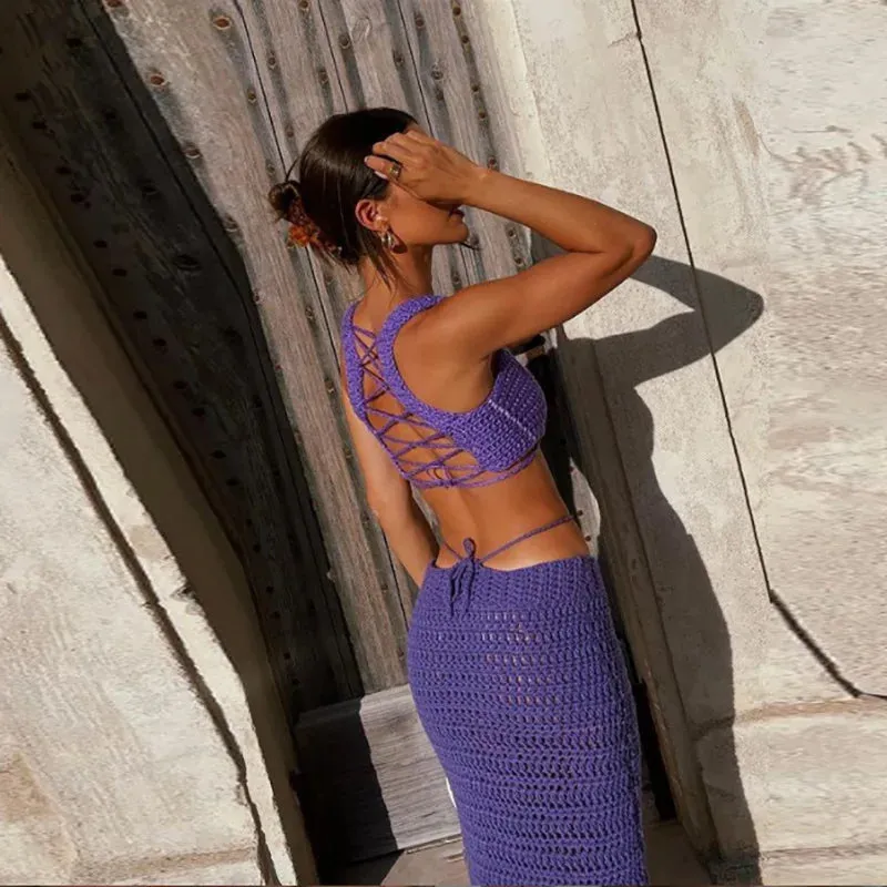 Girlary Knit Beach Dress Set for Women Sexy See Through Slim Crop Top and Long Skirt Suit Summer Purple Holiday Two Piece Set 2024