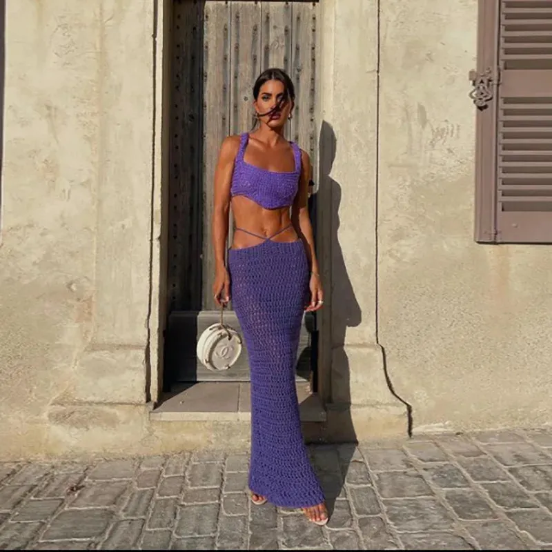 Girlary Knit Beach Dress Set for Women Sexy See Through Slim Crop Top and Long Skirt Suit Summer Purple Holiday Two Piece Set 2024