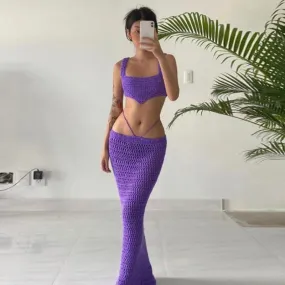 Girlary Knit Beach Dress Set for Women Sexy See Through Slim Crop Top and Long Skirt Suit Summer Purple Holiday Two Piece Set 2024