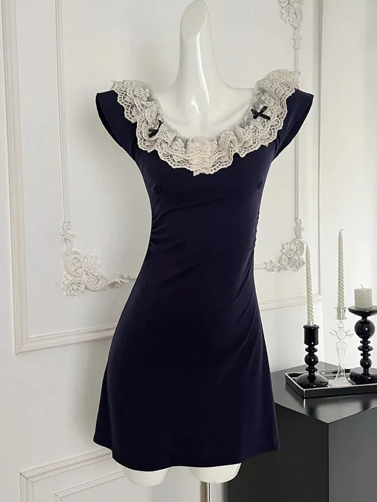 Girlary Summer French Vintage Evening Mori Girl Lace Mini Dress Women Evening Coquette Aesthetic Sleeveless One-Piece Frocks Prom Gown