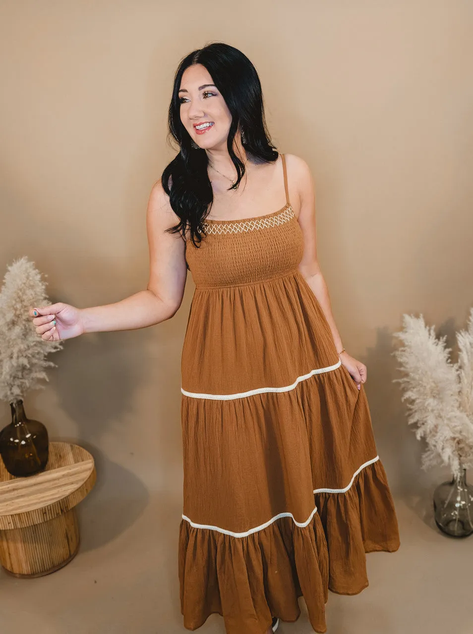 Made For Me Smocked Maxi Dress - Camel