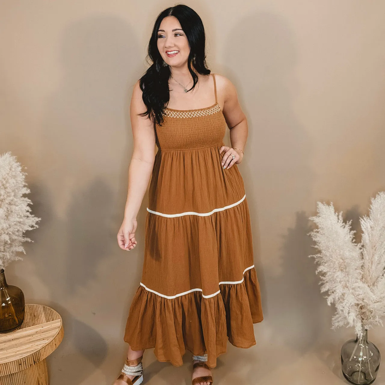 Made For Me Smocked Maxi Dress - Camel