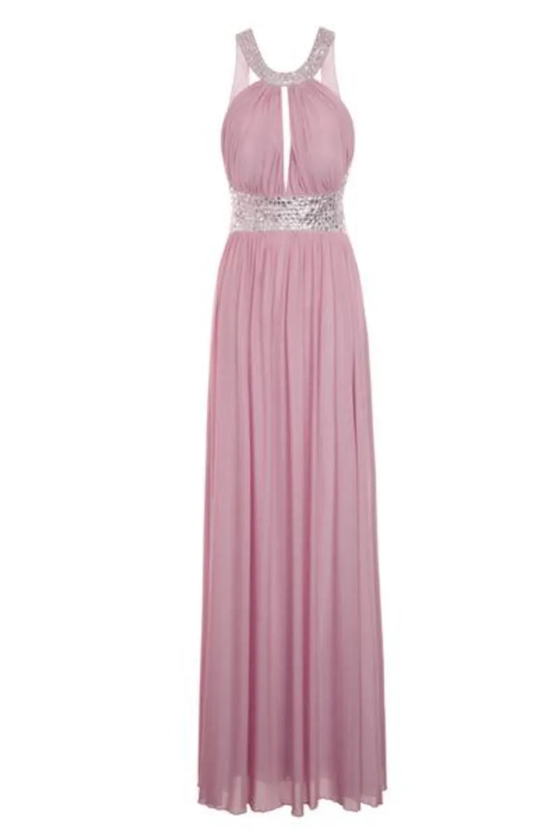 Papya Blush Pink Jewel Open Back Maxi Grecian Gown Dress