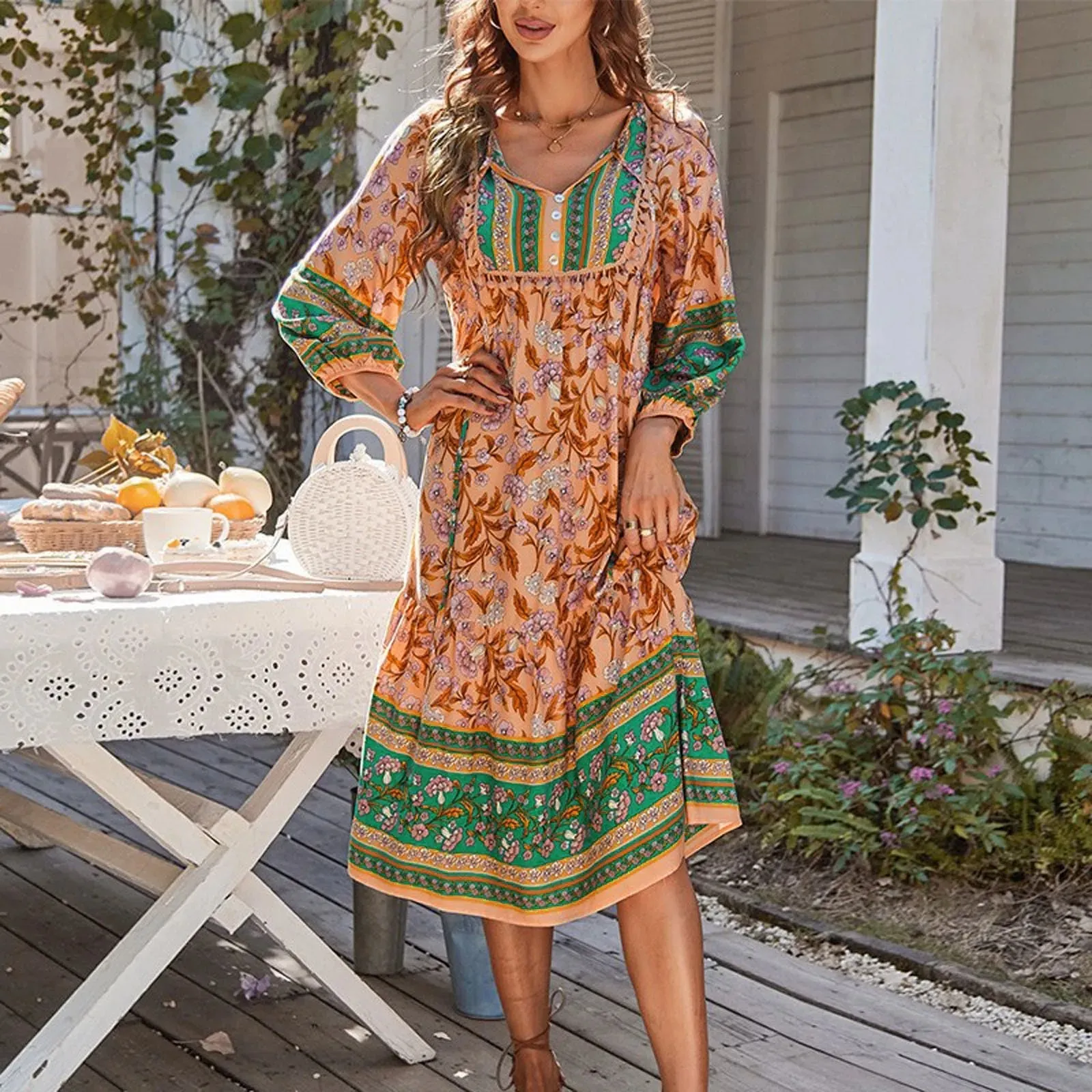 Printed Boho Summer Long Neck Casual Sleeve Vintage Fashion Spring Loose V New Dress