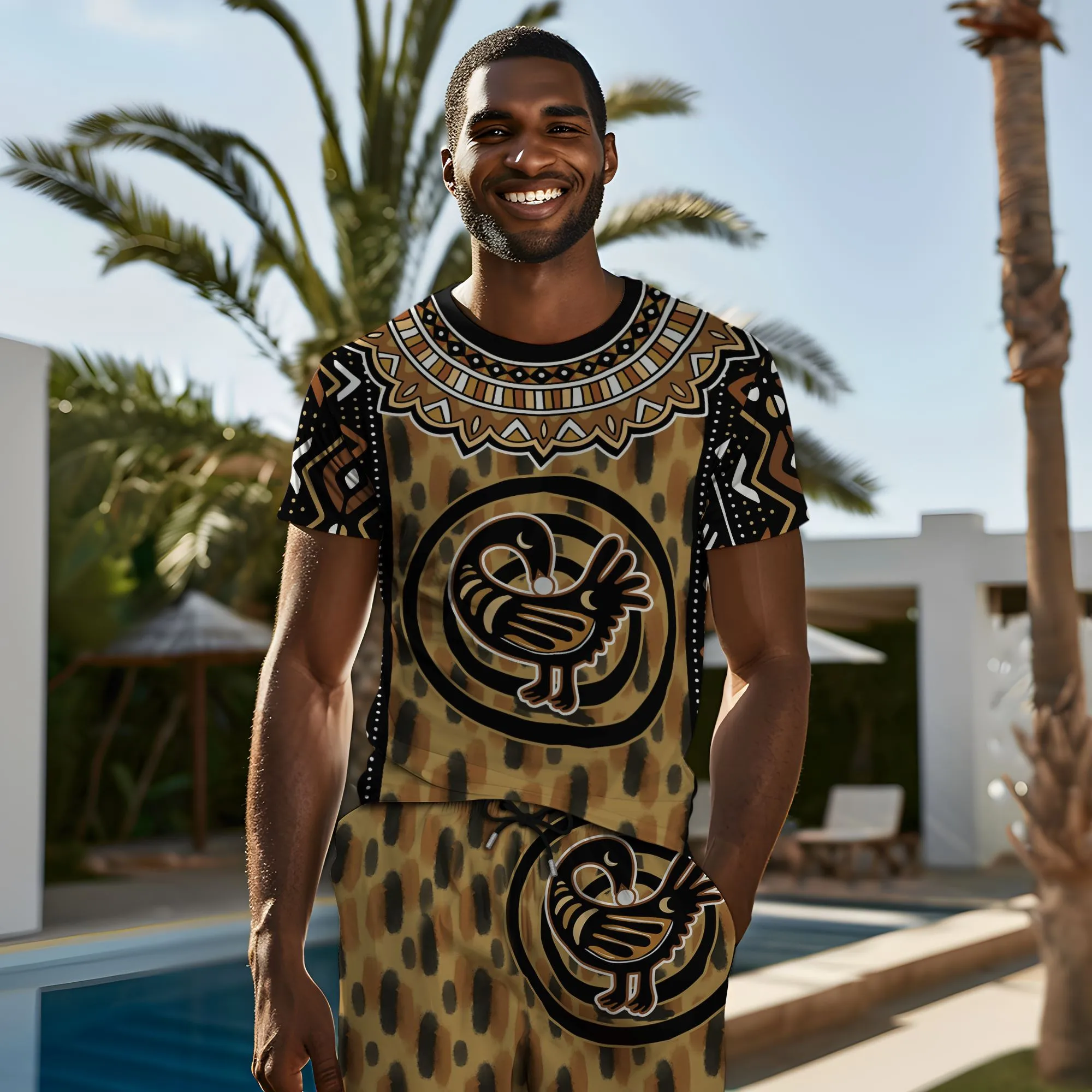 Printed Mud Cloth and Adinkra Symbol T-shirt and Shorts Set