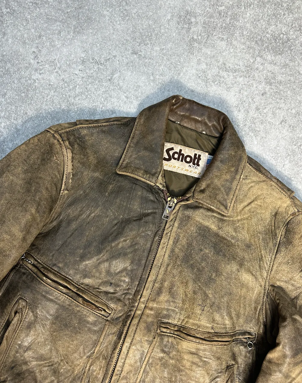 Schott Distressed Pocket Leather Bomber Jacket
