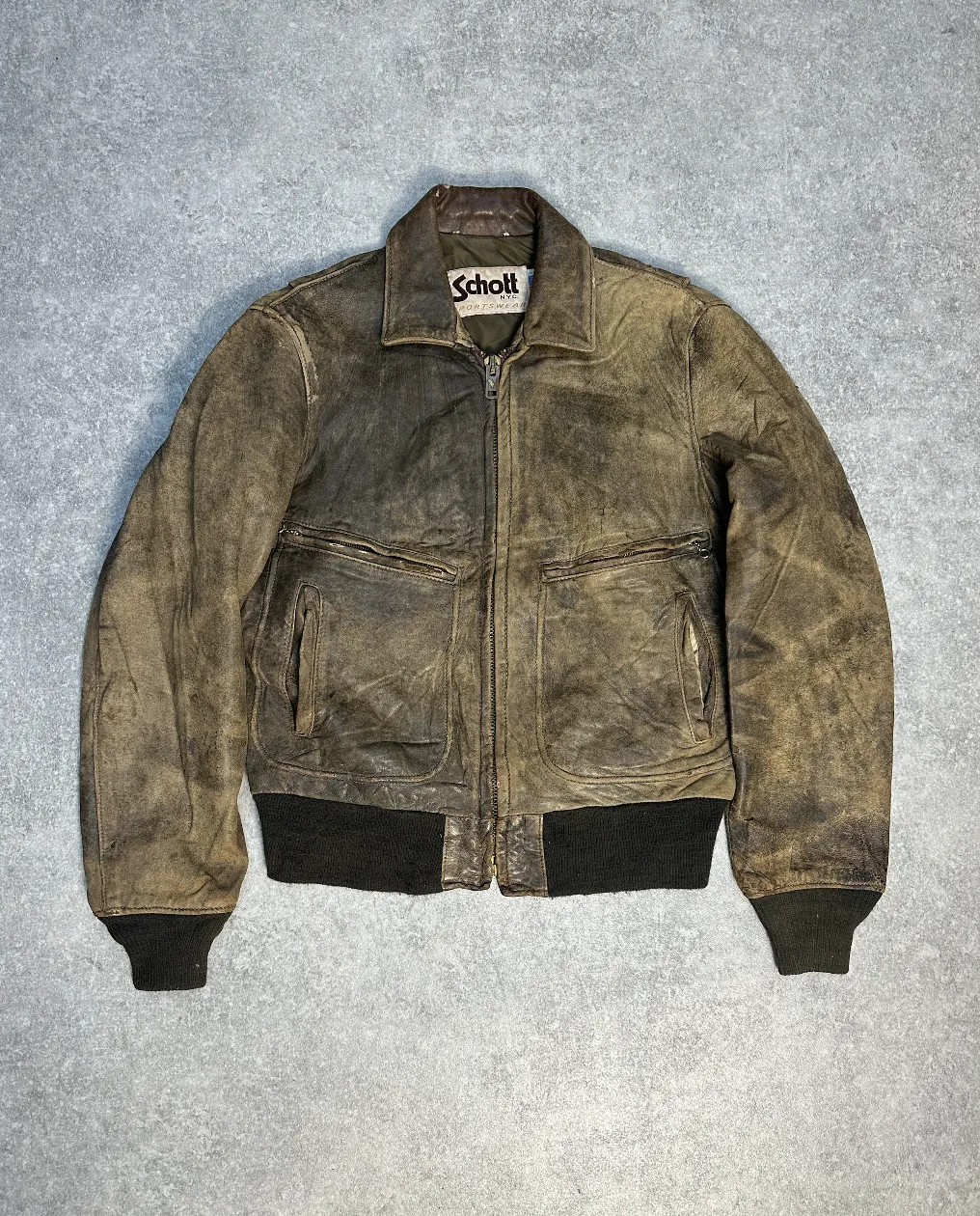 Schott Distressed Pocket Leather Bomber Jacket