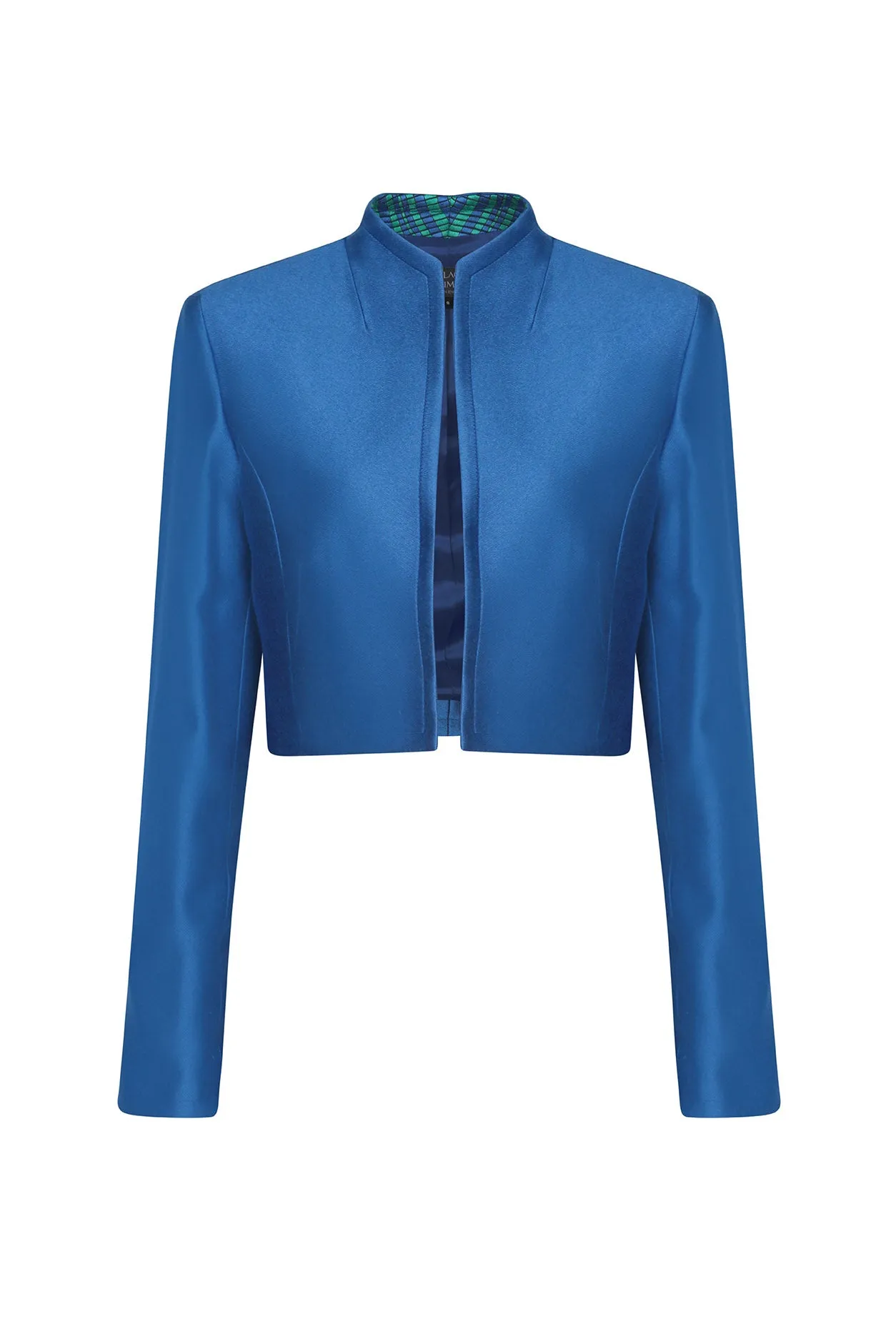 Short Jacket in Royal Blue Viscose/Cotton Sateen with Check Contrast lapels - Hermione
