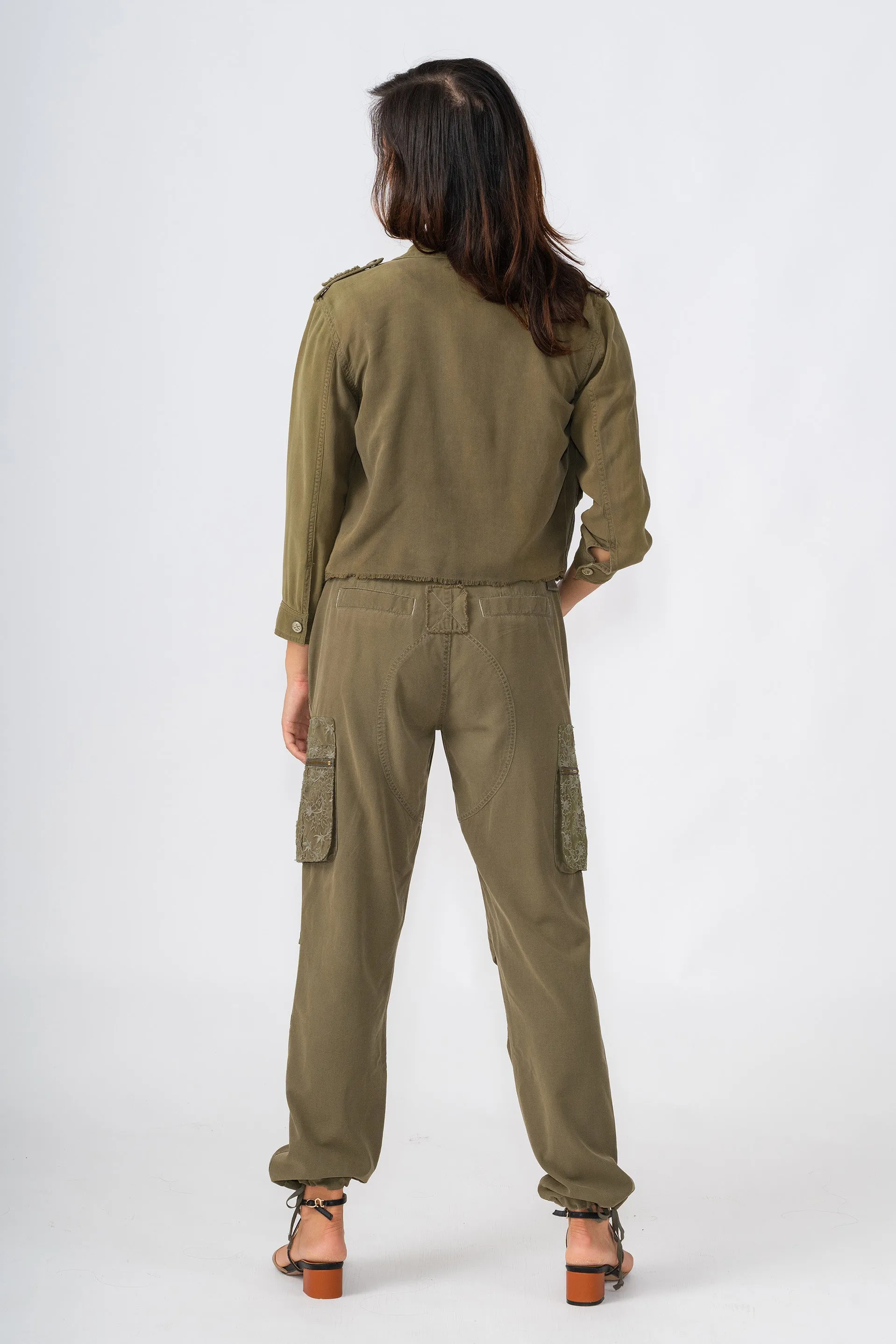Silk Cargo pants with embroidery in Olive