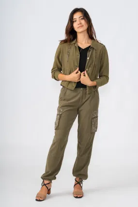 Silk Cargo pants with embroidery in Olive