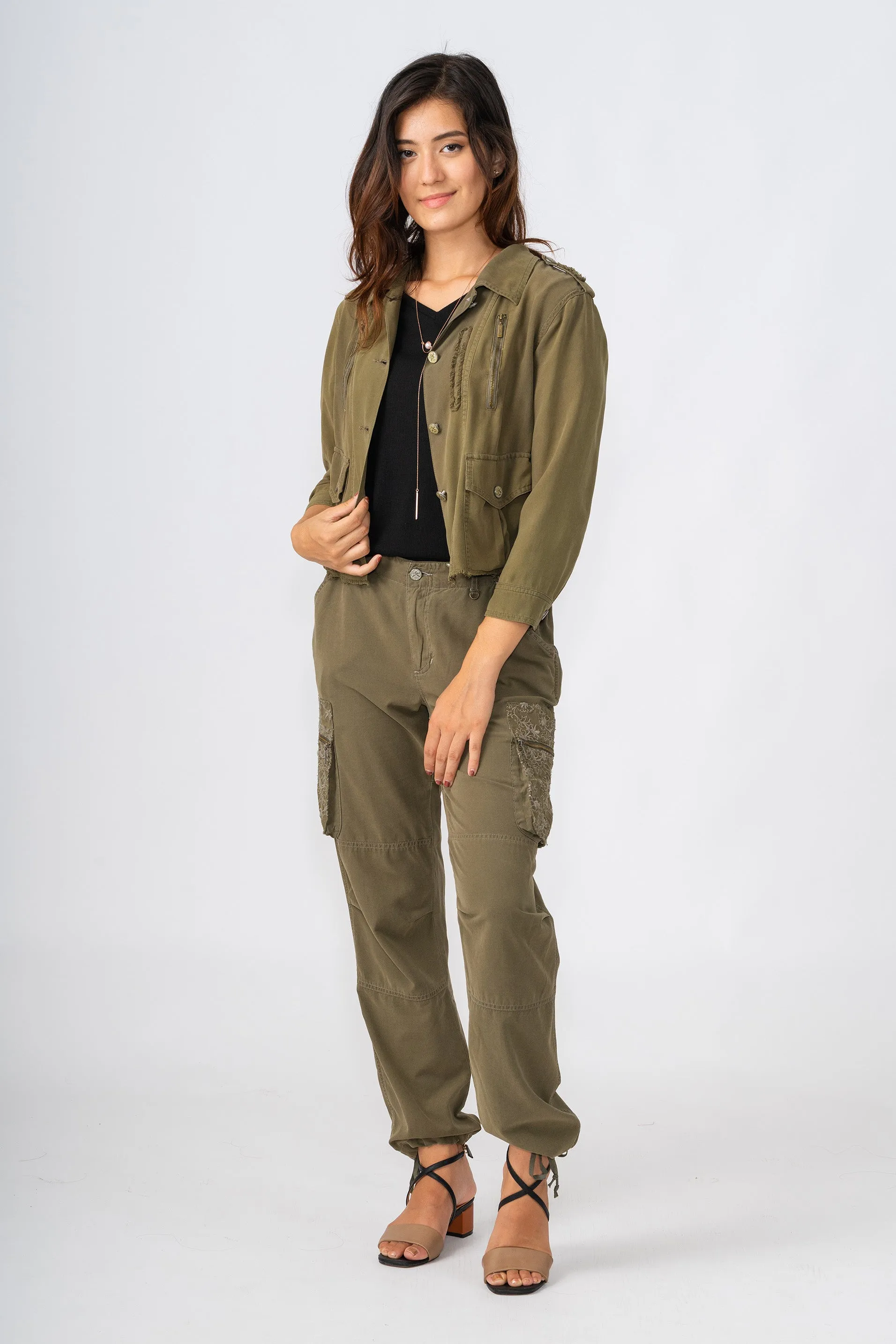 Silk Cargo pants with embroidery in Olive