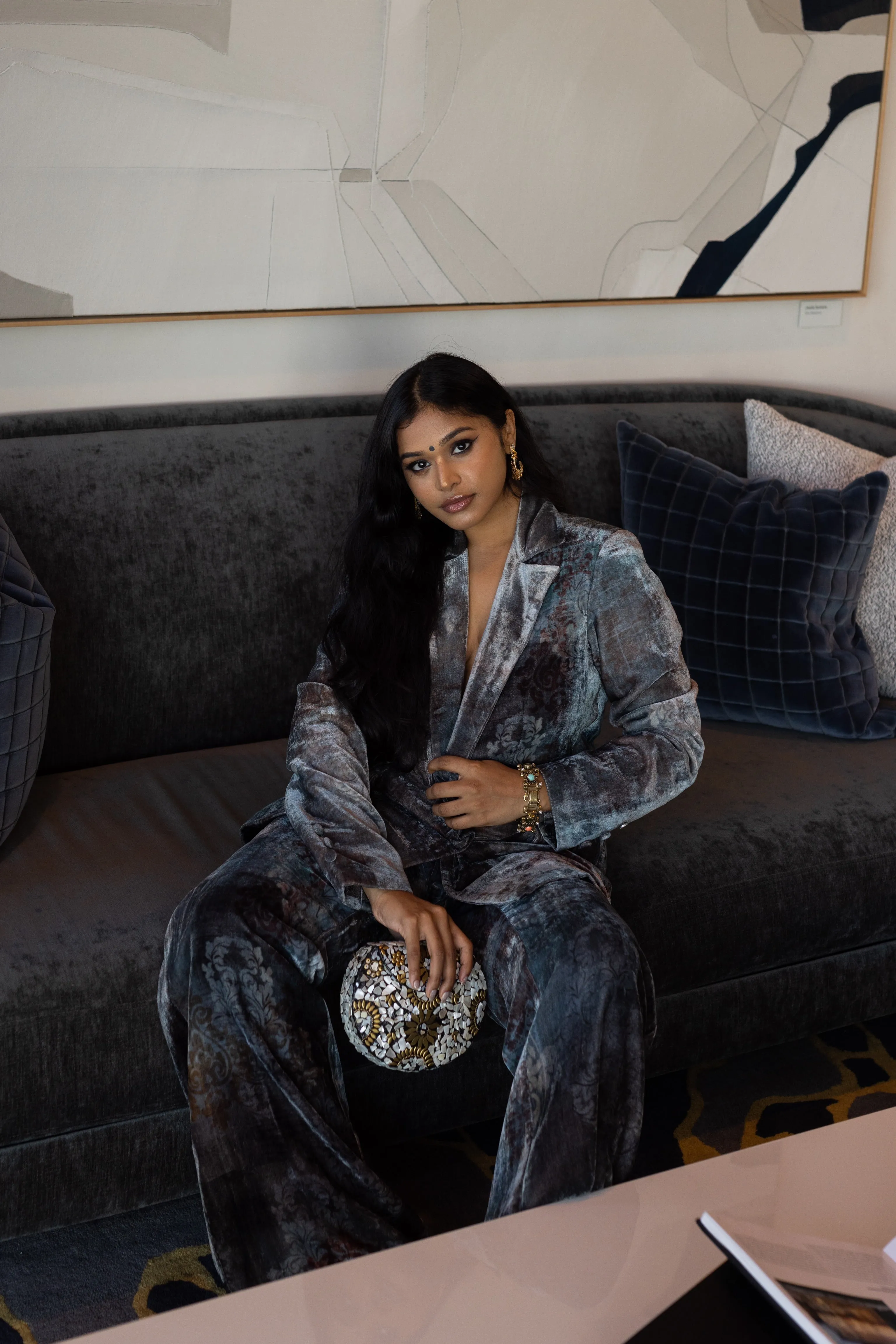 Sruthi Jaidevi in Our Velvet Printed Oversized Blazer Set with Cording Bralet from Ancienne Collection