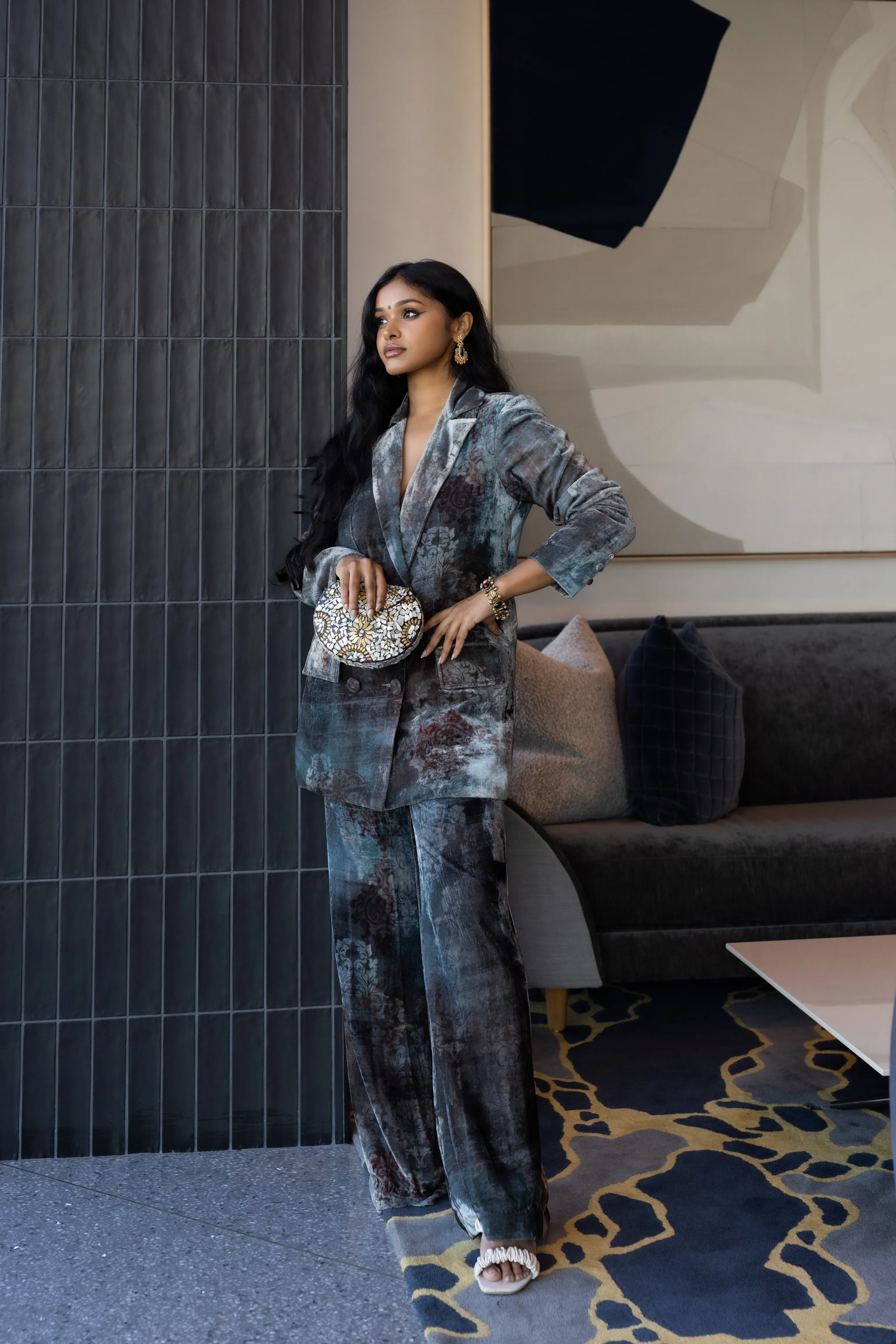 Sruthi Jaidevi in Our Velvet Printed Oversized Blazer Set with Cording Bralet from Ancienne Collection