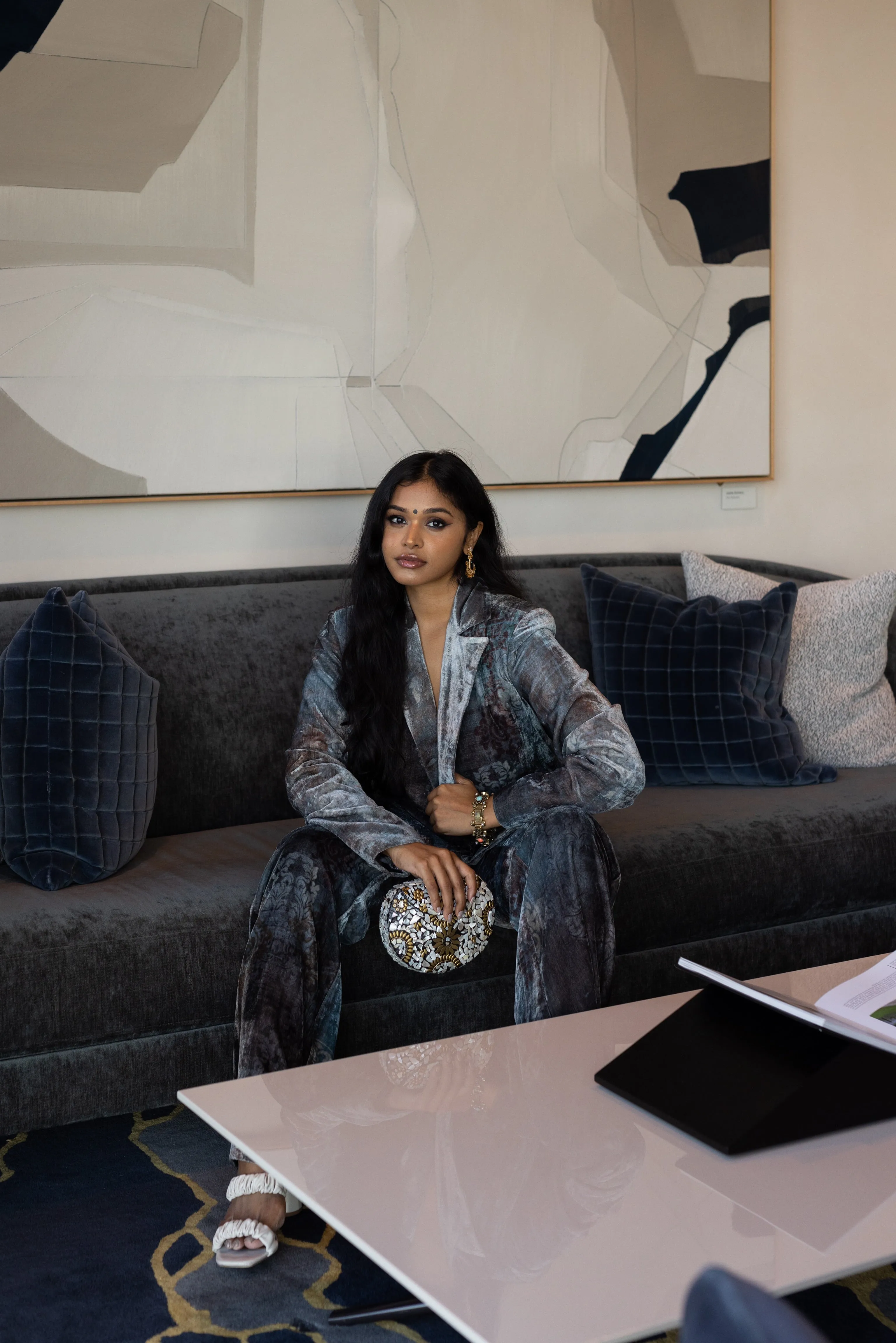 Sruthi Jaidevi in Our Velvet Printed Oversized Blazer Set with Cording Bralet from Ancienne Collection