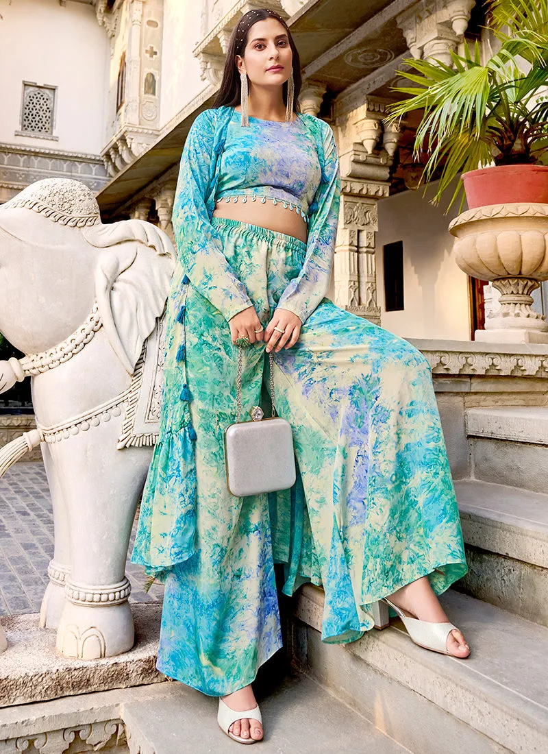 Teal Blue Tie-dye Printed Cape Style Co-Ord Palazzo