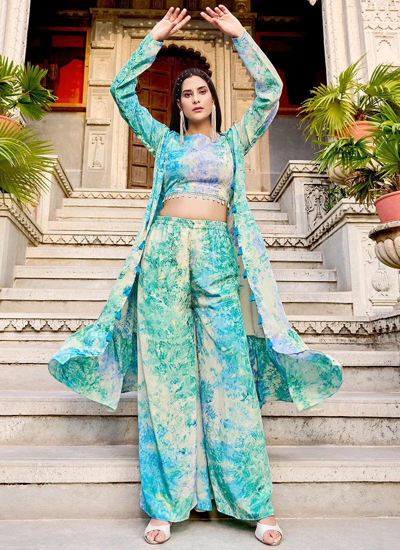 Teal Blue Tie-dye Printed Cape Style Co-Ord Palazzo