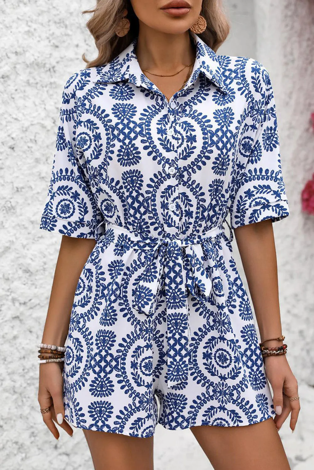 TEEK - Dark Blue Tied Printed Short Sleeve Romper