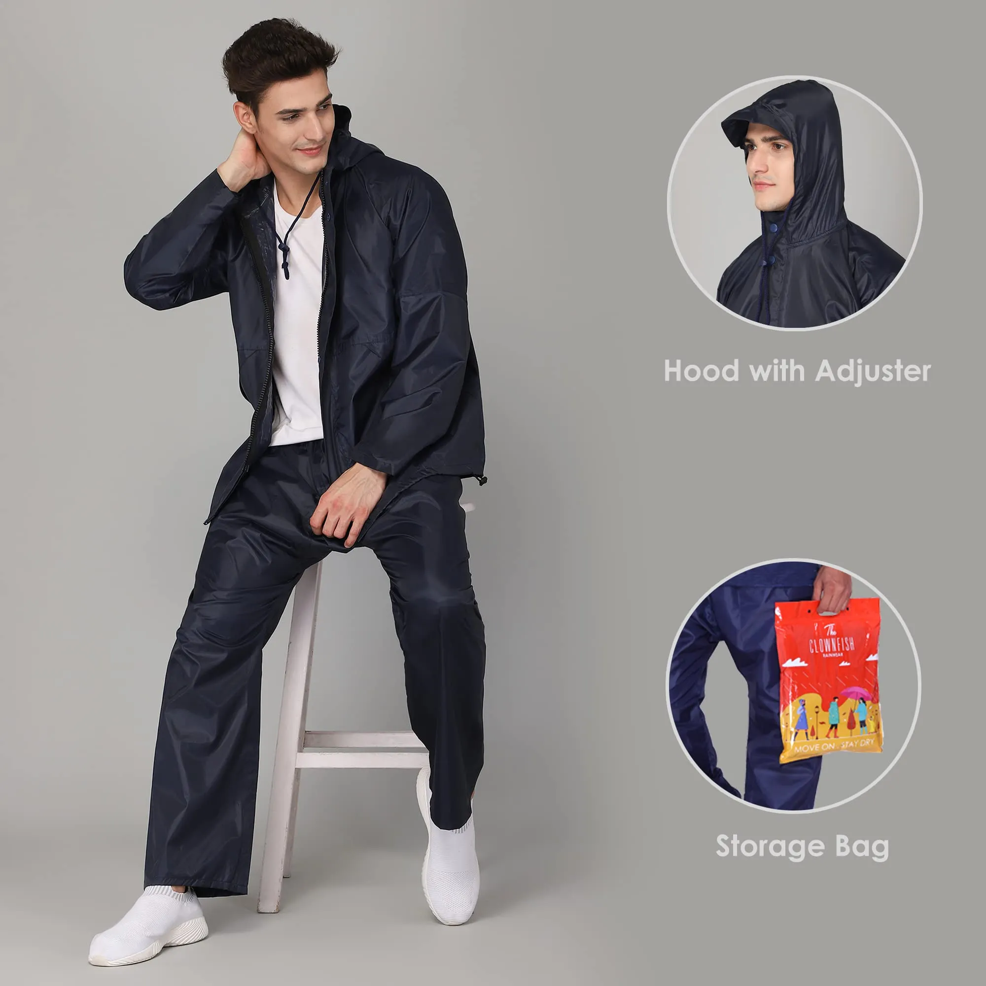 THE CLOWNFISH Polyester Rain Coat For Men Waterproof For Bike Raincoat For Men With Hood. Set Of Top And Bottom. Classic Pro Series (Blue, X-Large)