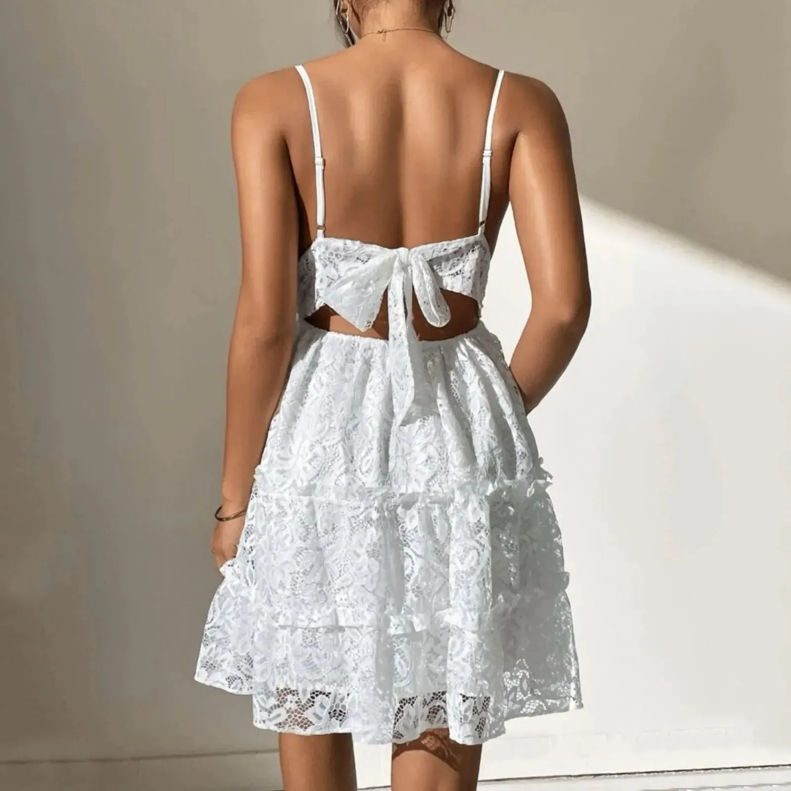 Waisted White Lace Fashion Summer Lace Neck Halter High V Backless Sexy Dress