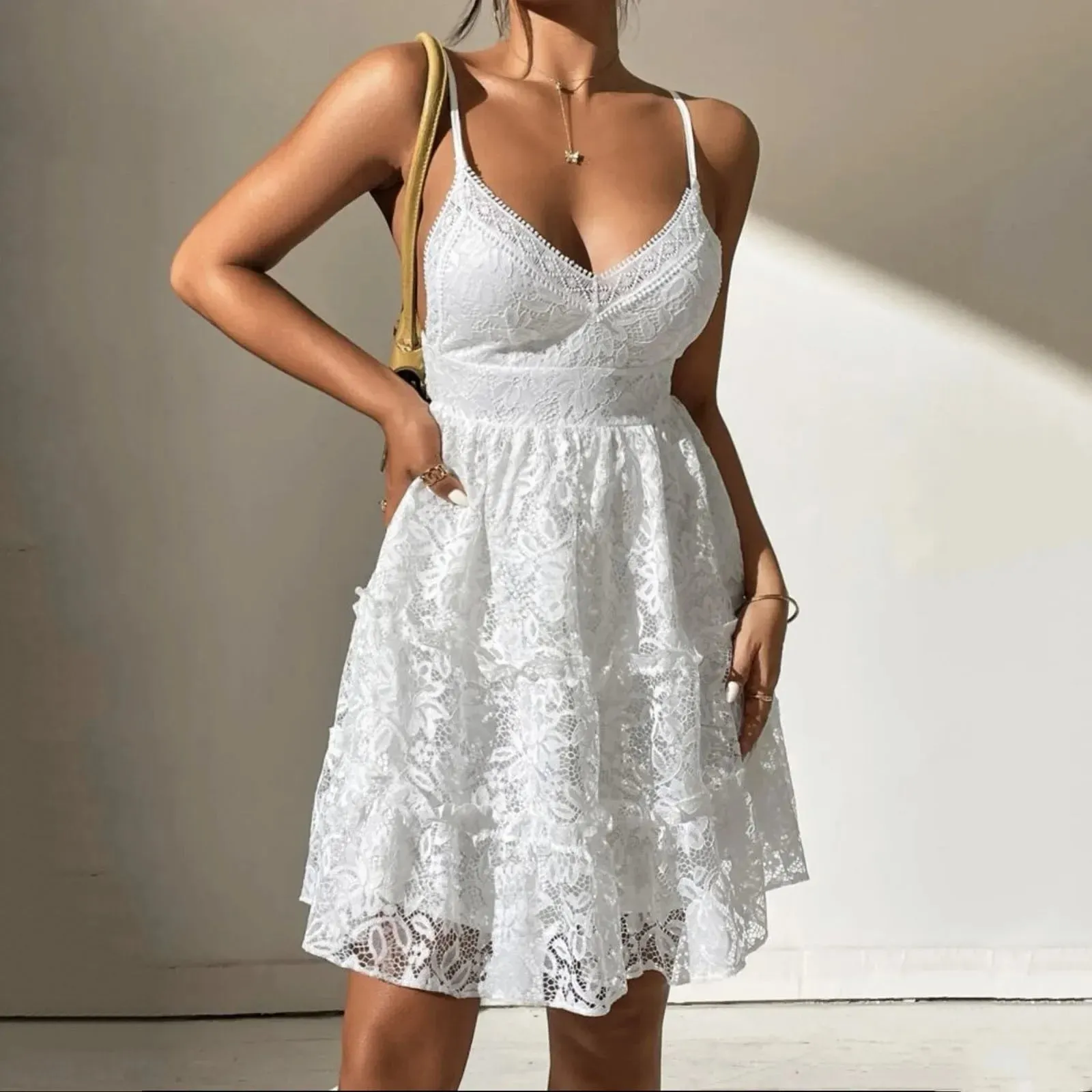 Waisted White Lace Fashion Summer Lace Neck Halter High V Backless Sexy Dress