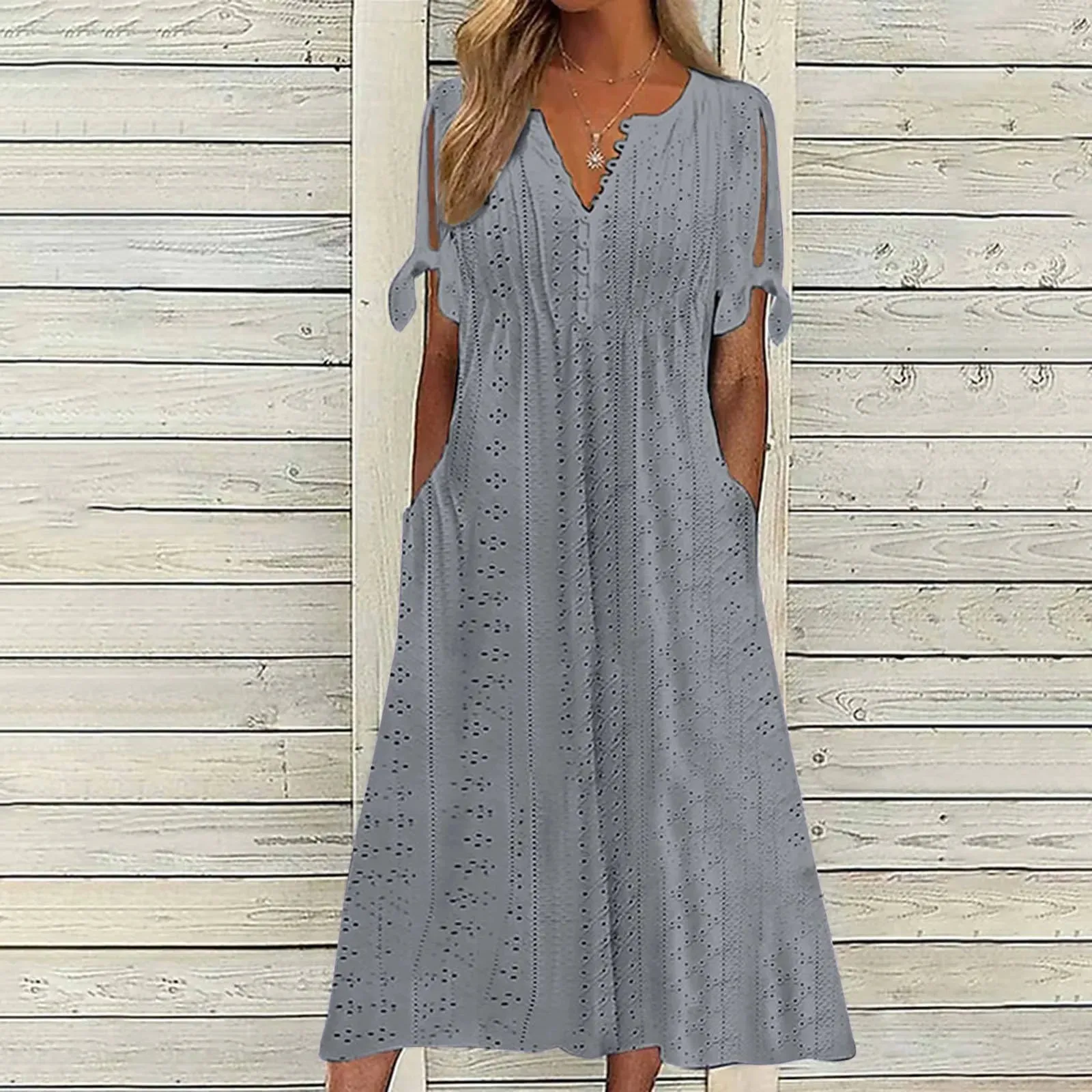White Hollow Out Bow Short Sleeve Lace Waist Pocket Wedding Mother Casual Elegant Dress