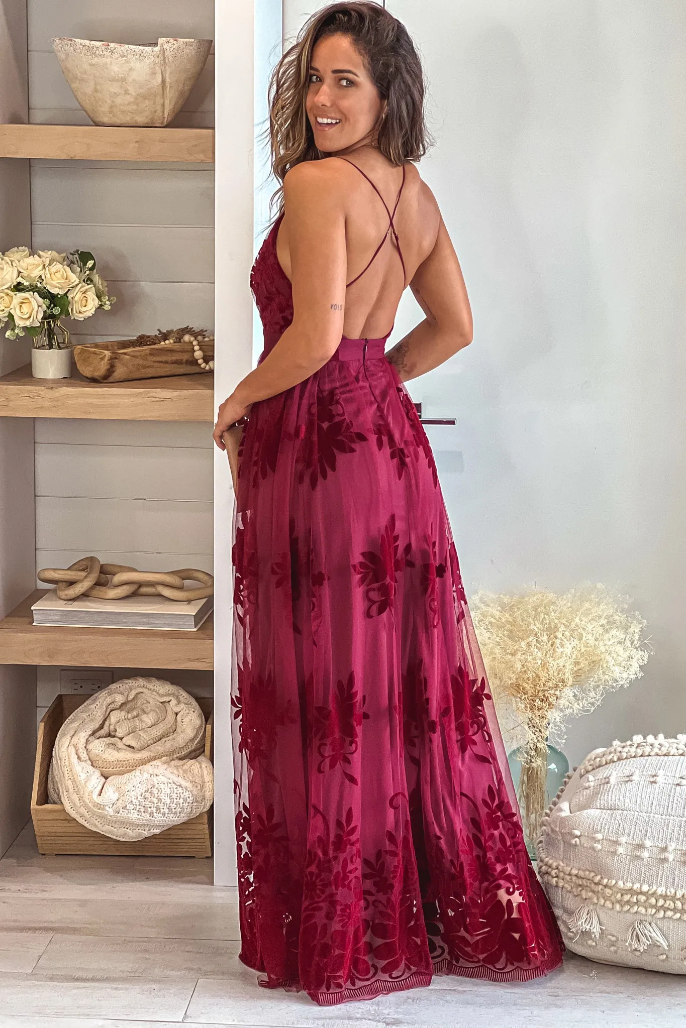 Wine Floral Tulle Maxi Dress
