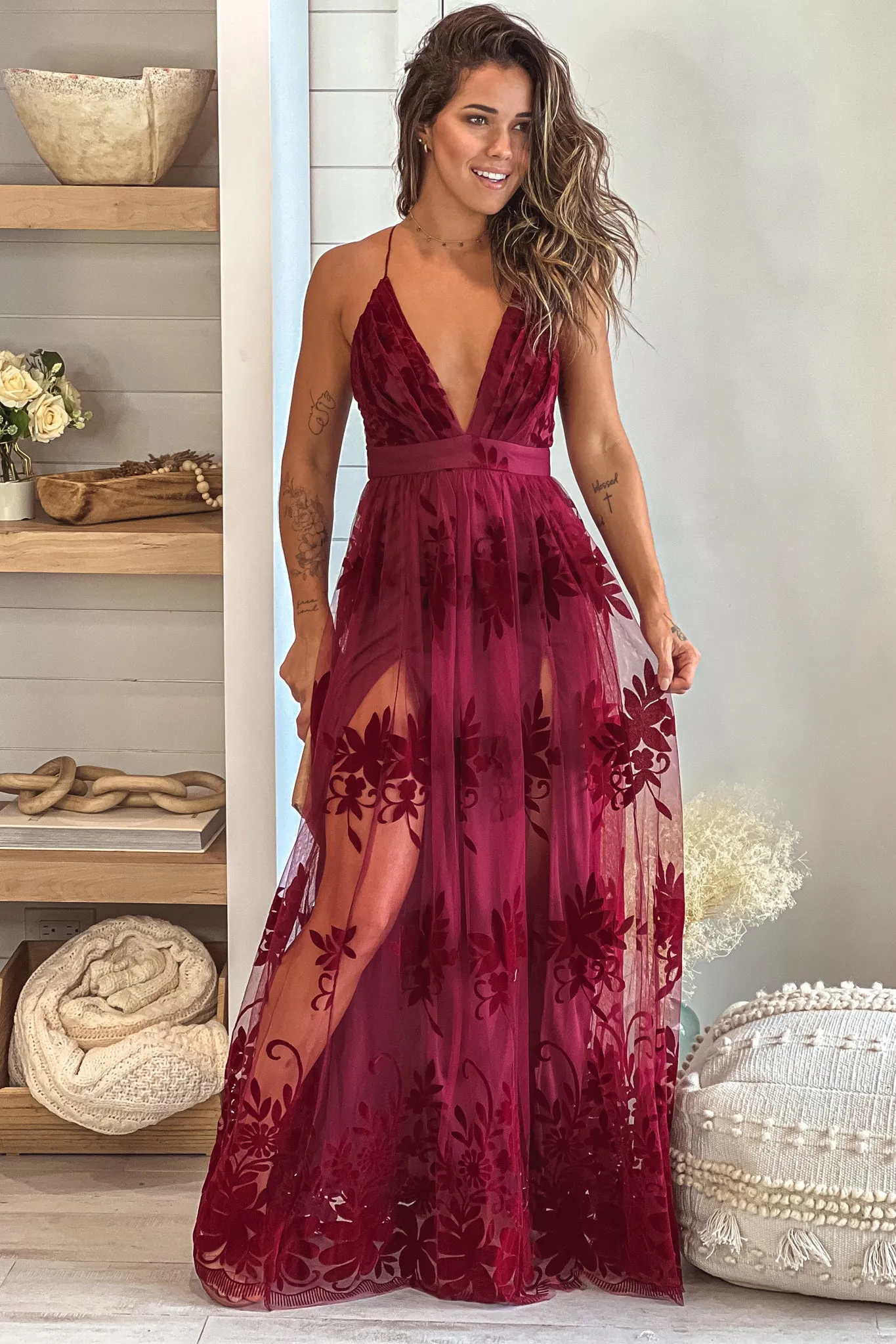 Wine Floral Tulle Maxi Dress