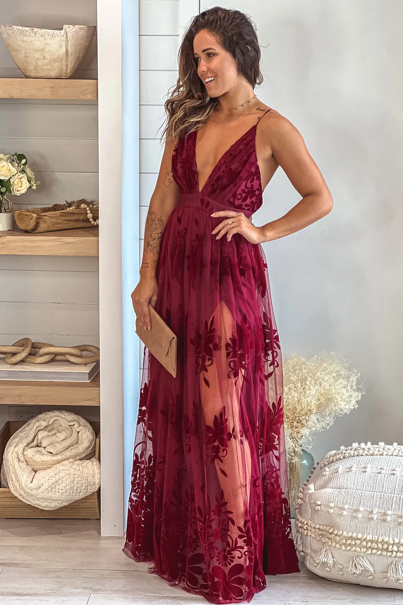 Wine Floral Tulle Maxi Dress