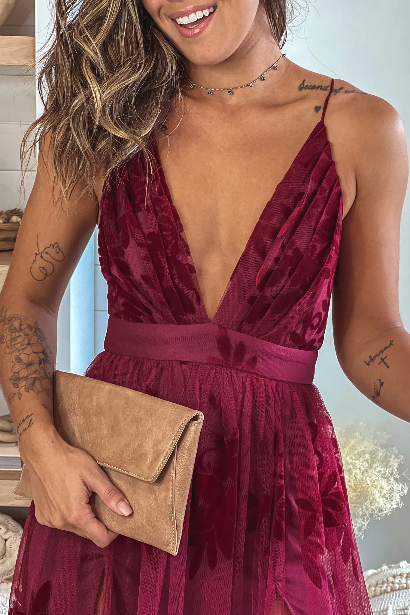 Wine Floral Tulle Maxi Dress