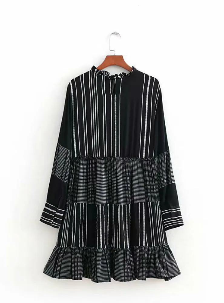 Women Casual Stripes Tunic Mini Long Sleeve Dress